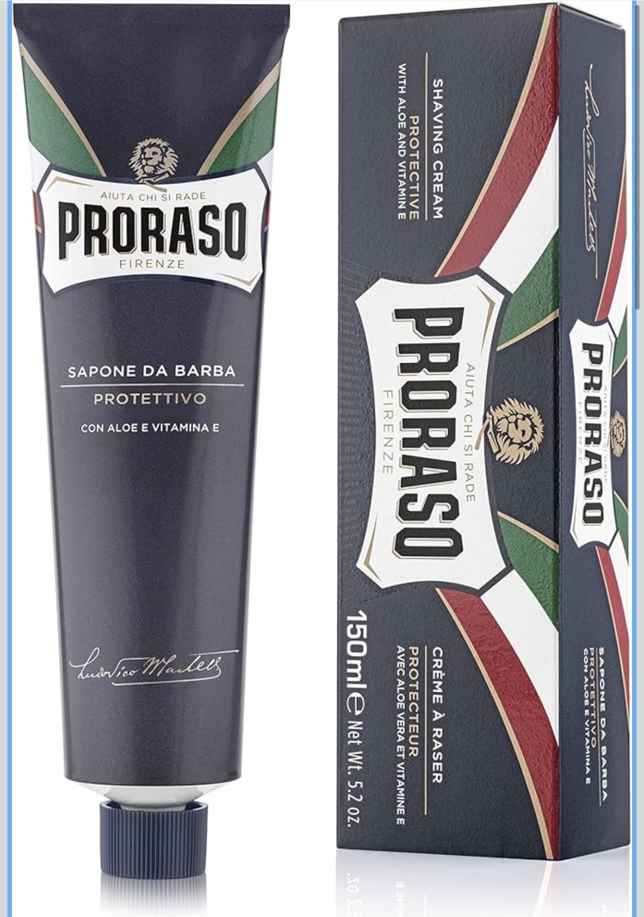 Proraso Shaving Cream Tube, 150ml, Protective Shaving Cream for Men Protects Skin, Formula with Oat and Green Tea Extracts, Made in Italy, Blue