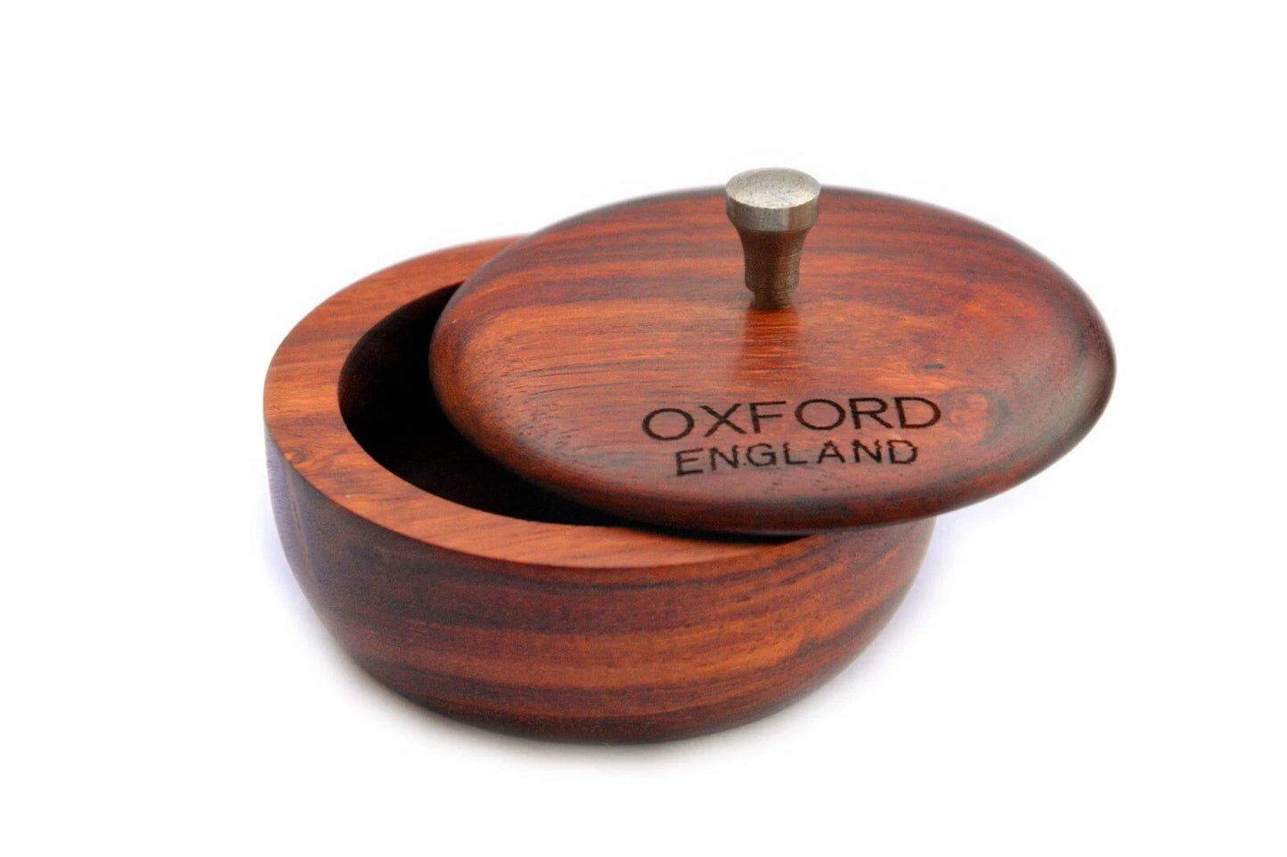 Handcrafted Oxford England wooden shaving soap bowl with metal knob lid