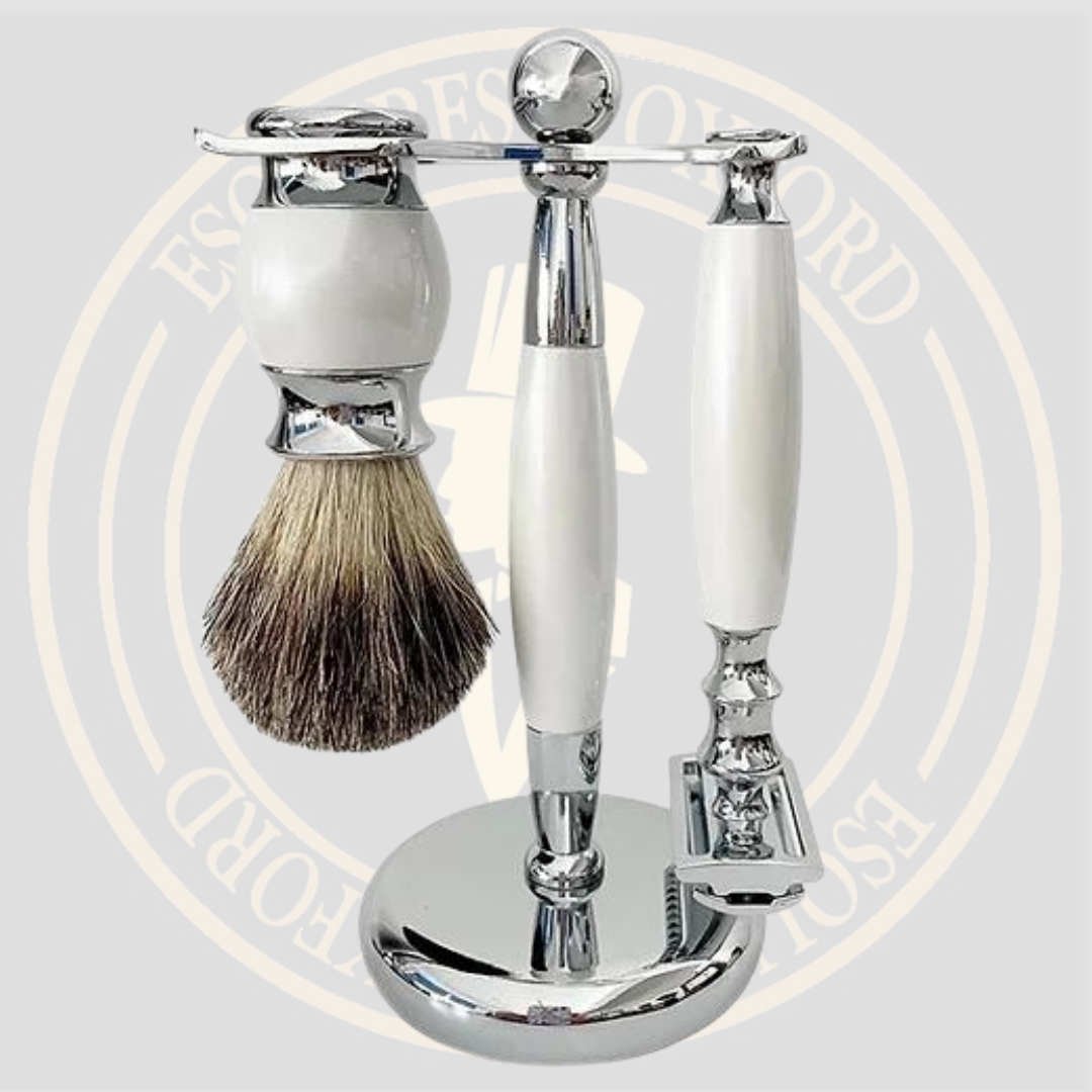 Glen Esquires Glossy Snow White Badger Hair Safety Shaving Set