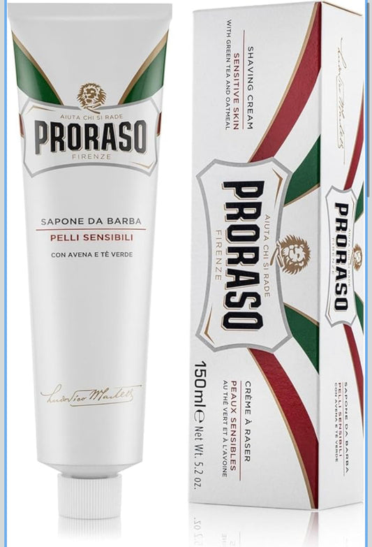 Proraso Shaving Cream Tube, 150ml, Sensitive Shaving Cream for Men Protects Skin, Formula with Oat and Green Tea Extracts, Made in Italy, White