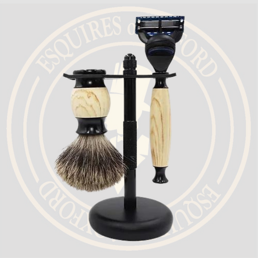 Roch Esquires Light Wood Handmade Luxury Badger Hair Gillette Style Shaving Set